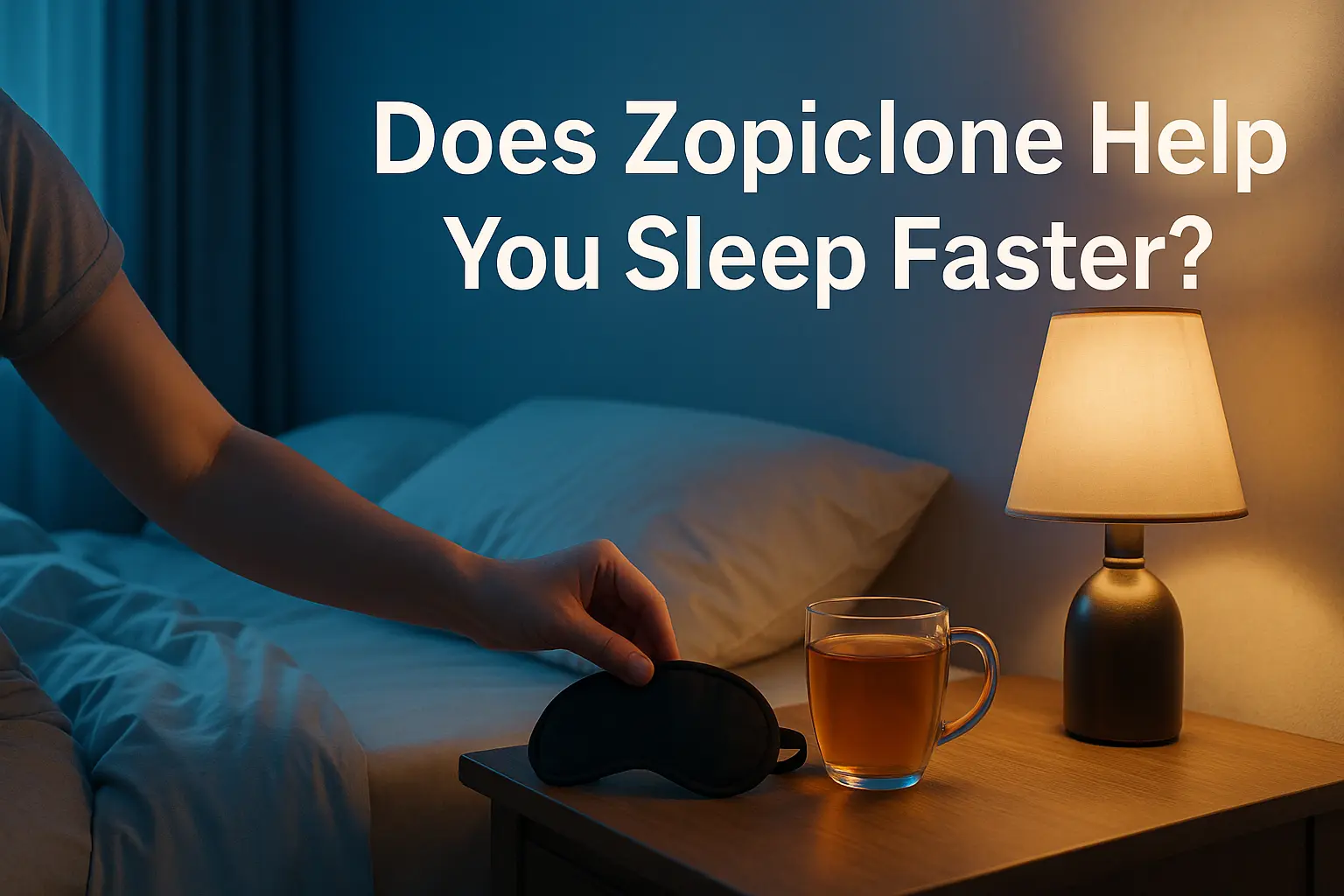 “Blue-toned UK bedroom with sleep mask and warm tea representing Zopiclone sleep onset.