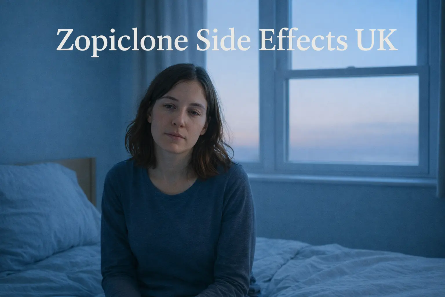 Tired adult sitting on bed in blue UK bedroom representing Zopiclone side effects.