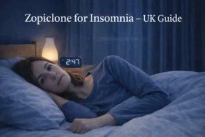 UK adult lying awake in blue bedroom at night showing insomnia and zopiclone sleep support.