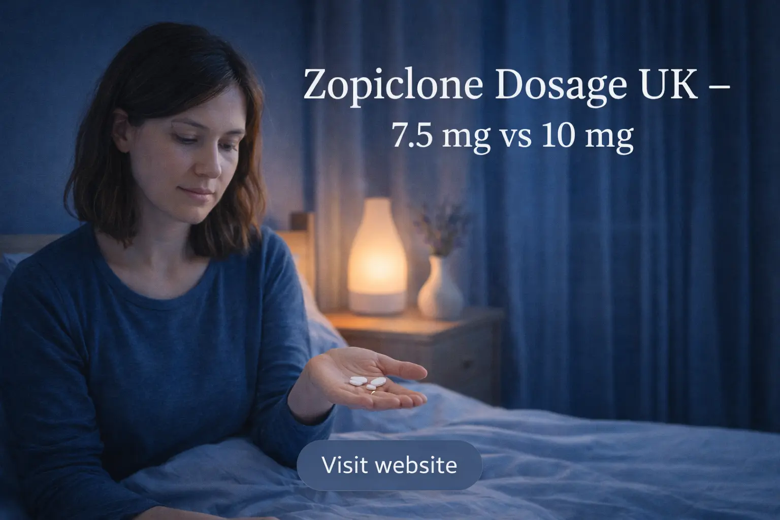 UK adult in blue bedroom holding two tablets, comparing Zopiclone 7.5 mg and 10 mg dosage.