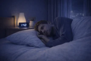 UK adult lying in bed at night checking time, representing waiting for zopiclone to work.