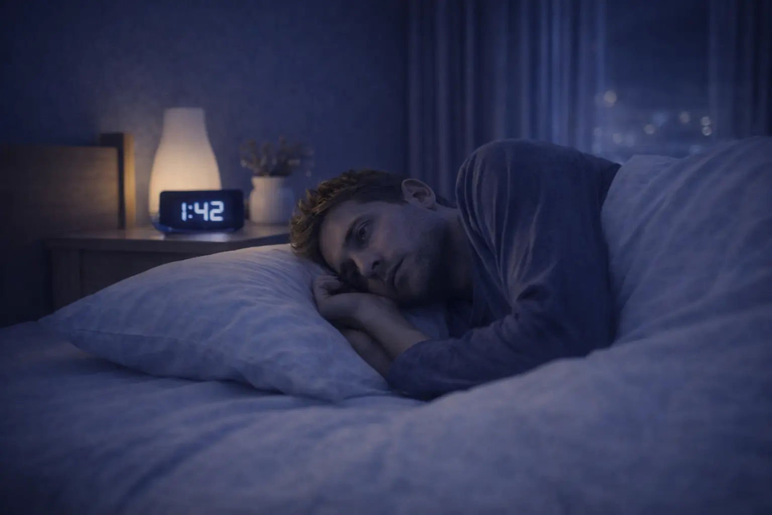 UK adult lying in bed at night checking time, representing waiting for zopiclone to work.